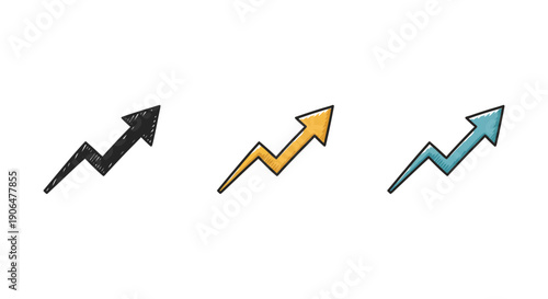 An abstract graphic design featuring three directional upward trending arrows in black, yellow, and blue, symbolizing growth, progress, and positive change