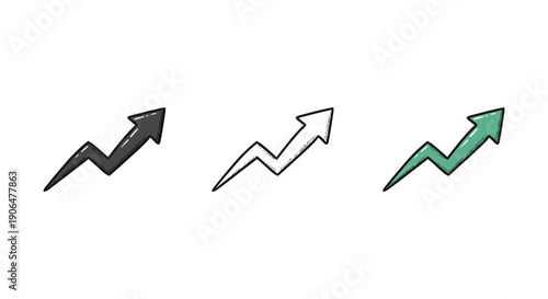 Hand-drawn doodle style ascending arrow icon set illustrating rapid growth, progress, and increasing trends with a dynamic energy symbol