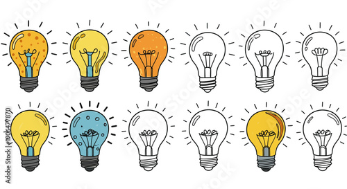 Set of vibrant and outline light bulb illustrations, representing diverse ideas, innovative thinking, creative solutions, and insightful concept generation