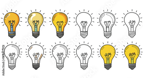 Illustrative vector set of glowing and unlit light bulbs, symbolizing innovation, bright ideas, and creative solutions for conceptual design