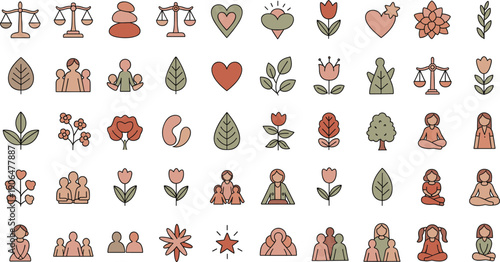 Hand-Drawn Flat Vector Doodle Icon Set Illustrating Women Empowerment, Harmony, Balance, Confidence, and Wellbeing