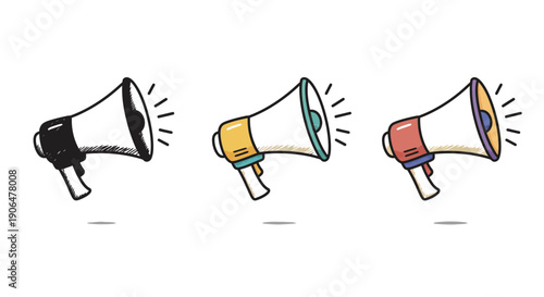 Dynamic hand-drawn megaphone icons broadcasting messages, perfect for marketing, announcements, and digital media communication concepts with vibrant graphics