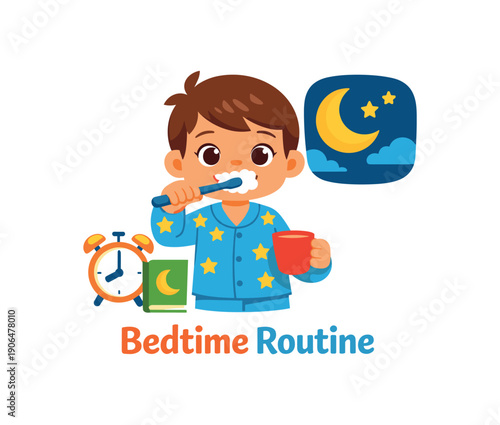 child brushing teeth pajamas moon icon window part of evening sleep routine clean shapes. colored flat icon vector illustration