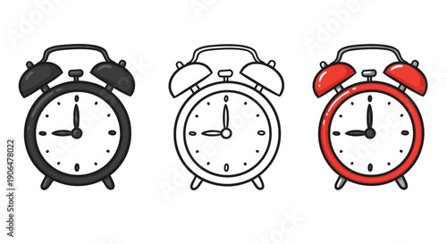Three retro analog alarm clocks in black, white outline, and red, symbolizing time management and the importance of punctuality in daily routines and schedules