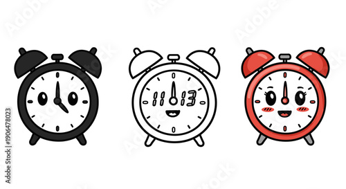 A trio of cartoon alarm clocks, one black, one outline, and one red, each with a face and expressive eyes, displayed side by side