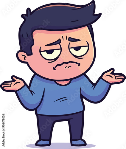 Skeptical cartoon man shrugging shoulders with annoyed expression