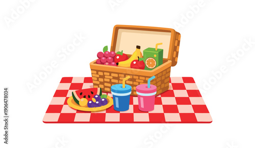 checkered picnic blanket with basket open showing fruit juice box and cups family children picnic set clean shapes. colored flat icon vector illustration