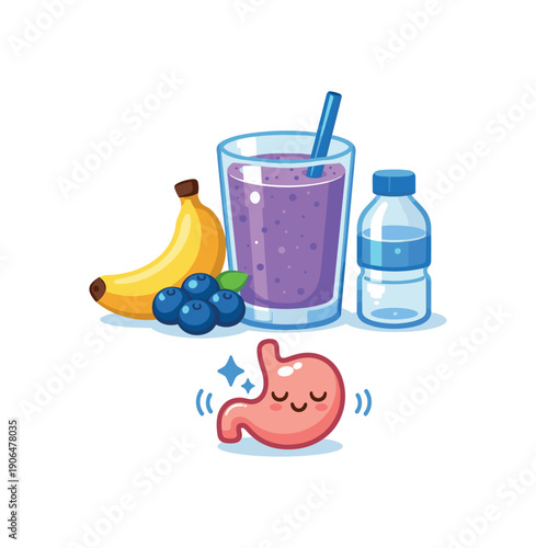 colored flat icon vector illustration smoothie glass with banana blueberry and water tiny calm stomach icon