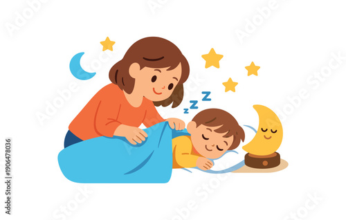 parent tucking blanket around sleeping child night light and cozy kids sleep clean shapes. colored flat icon vector illustration