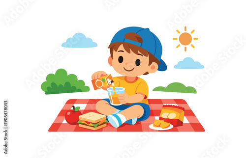 kid pouring juice from small carton into plastic cup on picnic blanket outdoor snack time clean shapes. colored flat icon vector illustration