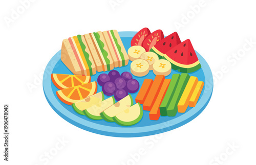 plate with tiny sandwiches sliced fruits and veggie sticks arranged for kids picnic food clean shapes. colored flat icon vector illustration