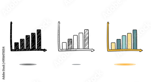 Three variations of a bar chart representing growth and positive trends in business and finance, presented in distinct artistic styles