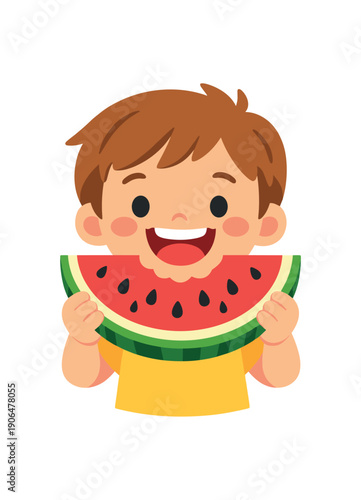 child holding watermelon slice with little seeds smiling summer picnic treat clean shapes. colored flat icon vector illustration