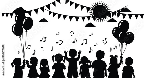 Silhouette of children holding balloons singing and celebrating outdoors under sun and festive bunting flags with musical notes surrounding lively party atmosphere