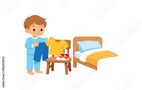 child hanging tomorrow clothes on chair next to bed part of evening sleep routine clean shapes. colored flat icon vector illustration