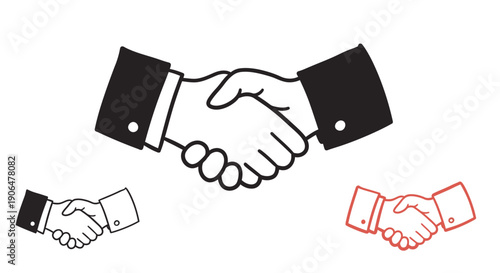 Symbol of collaboration and partnership with handshake icon in black and white and red options, representing agreement and trust in business dealings