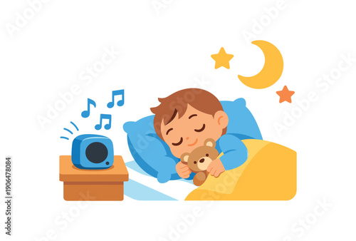 toddler lying bed listening to soft music from small speaker note and moon sleep aid clean shapes. colored flat icon vector illustration