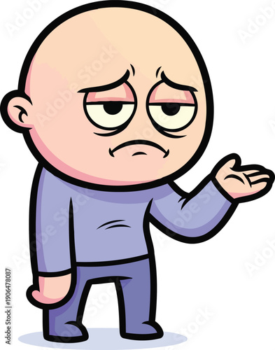 Disappointed bald cartoon man looking tired and exhausted in disbelief
