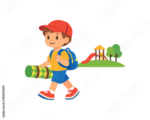 kid carrying small backpack and rolled picnic blanket heading to park children outing clean shapes. colored flat icon vector illustration