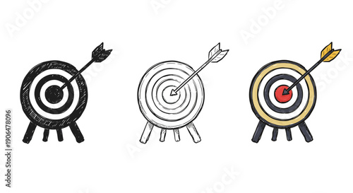 A trio of bullseye target icons with arrows representing focus, accuracy, and achieving objectives in a strategic business context