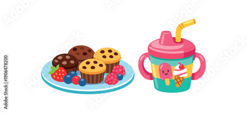 plate with muffins and berries next to kid cup sweet treat at kids picnic clean shapes. colored flat icon vector illustration