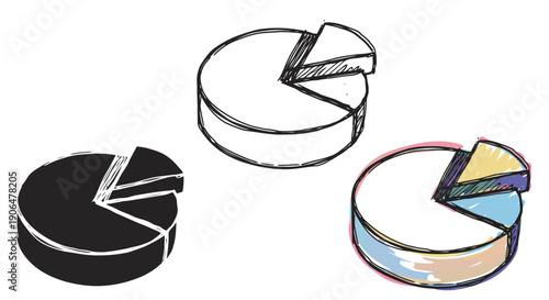 Diverse hand-drawn style pie chart vector illustrations for data visualization, statistical analysis, business reports, financial summaries, and marketing presentations