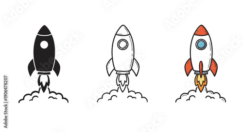 Three distinct rocket ship icons, each launching with fire and smoke plumes, symbolizing exploration, innovation, and a powerful start to new ventures