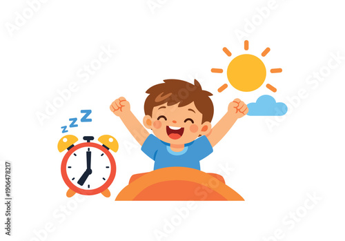 child stretching arms morning sun icon alarm clock nearby sign of enough night sleep clean shapes. colored flat icon vector illustration