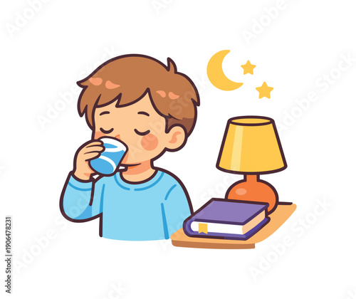 child drinking small cup of water before bed bedside table lamp and book gentle evening habit clean shapes. colored flat icon vector illustration