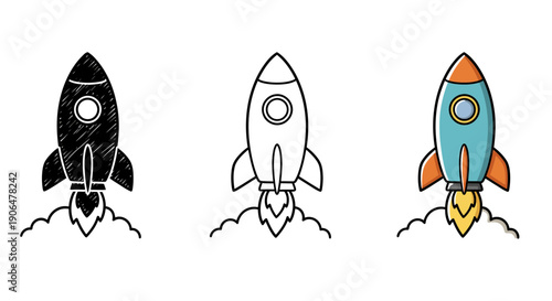 Set of three stylized rocket ship icons with plumes of smoke, perfect for representing space travel, innovation, and exploration in a fun graphic style
