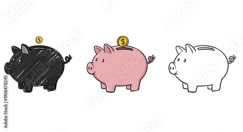 Piggy bank money box icons illustrating savings and investment concepts with coins, conceptual financial planning and wealth accumulation
