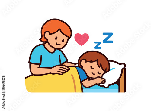 parent gently rubbing toddlers back while they lie bed small heart and soothing to sleep clean shapes. colored flat icon vector illustration