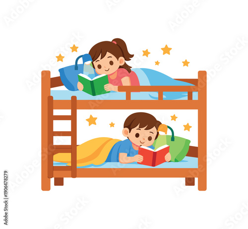 siblings bunk bed reading quietly each with tiny lamp stars around calm sleep onset clean shapes. colored flat icon vector illustration
