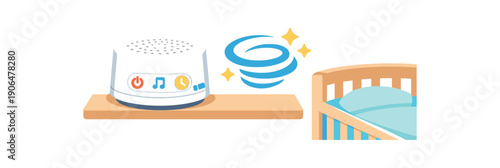 soft white noise machine on shelf near crib swirl sound icon helping baby sleep clean shapes. colored flat icon vector illustration