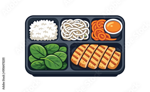 colored flat icon vector illustration lunch tray rice noodles carrot spirals spinach leaves and grilled turkey strips mild sauce
