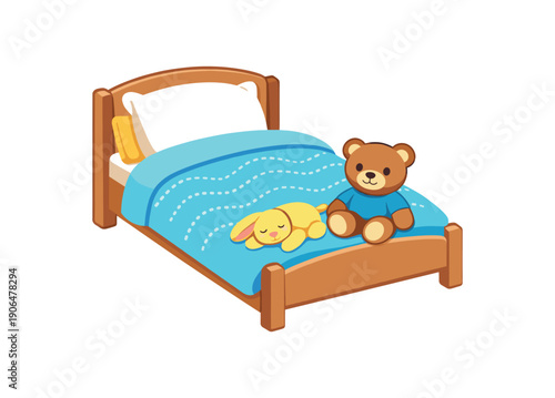 comfy kids bed with breathable blanket and plush toy at feet not near face safe sleep comfort clean shapes. colored flat icon vector illustration