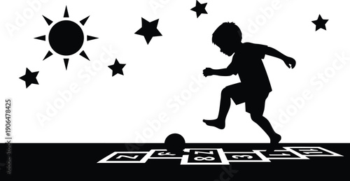 Silhouette of young boy playing hopscotch jumping on numbered squares outdoor with sun and stars around black and white vector art illustration