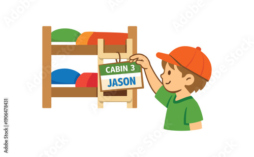 child hanging name tag on bunk bed ladder cabin assignment kids camp clean shapes. colored flat icon vector illustration