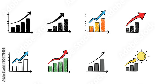 Hand-drawn growth charts and bar graphs showing upward trends and financial progress, representing success and positive development