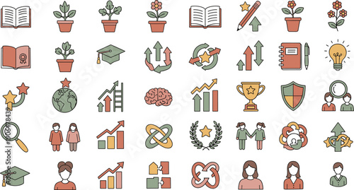 Hand-Drawn Flat Vector Doodle Icon Set Illustrating Women Empowerment Through Creativity, Innovation, Artistic Expression, and Personal Growth