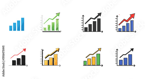 Collection of diverse bar and line graph icons showcasing upward trends and financial growth with varying color palettes and styles