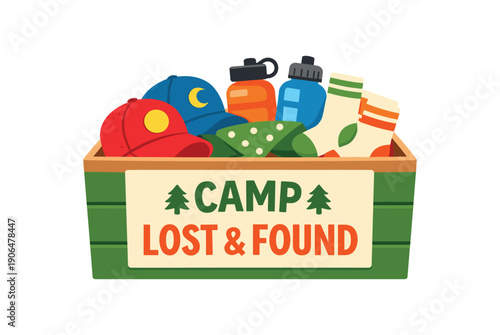 camp lost and found box filled with caps socks and water bottles kids camp organization clean shapes. colored flat icon vector illustration