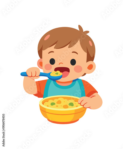 toddler eating from bowl with spoon independent feeding stage clean shapes. colored flat icon vector illustration