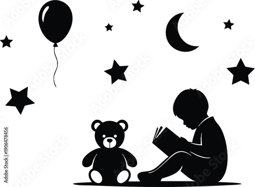 Silhouette of a child sitting reading a book with teddy bear balloon stars and crescent moon nighttime storytime isolated vector art