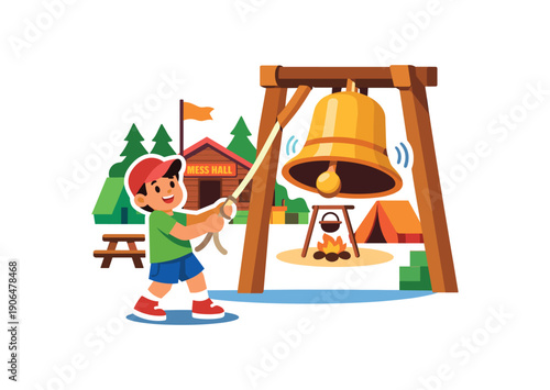 child ringing big camp bell to signal meal time main of children camp clean shapes. colored flat icon vector illustration
