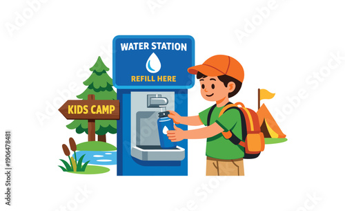 child filling reusable bottle at outdoor water station hydration point kids camp clean shapes. colored flat icon vector illustration