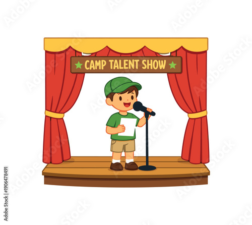 simple stage with curtain and microphone child practicing speech for camp talent show clean shapes. colored flat icon vector illustration