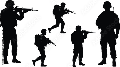 Silhouette, soldiers, military, combat, training, tactical, army, team, aiming, rifles, patrol, operation, special, forces, defense, security, warfare, concept, illustration, collection