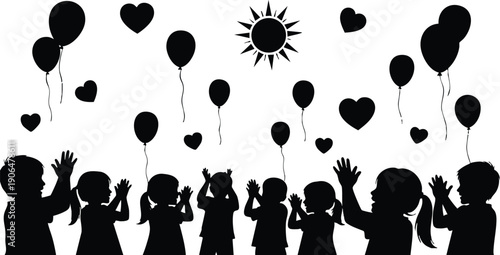 Silhouettes of happy children playing and clapping hands while balloons and heart shapes float with the sun above in a joyful outdoor scene