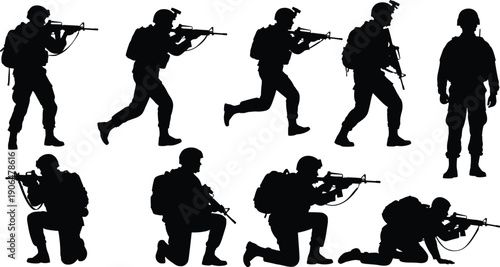 Silhouette, soldiers, military, combat, training, tactical, army, team, aiming, rifles, patrol, operation, special, forces, defense, security, warfare, concept, illustration, collection